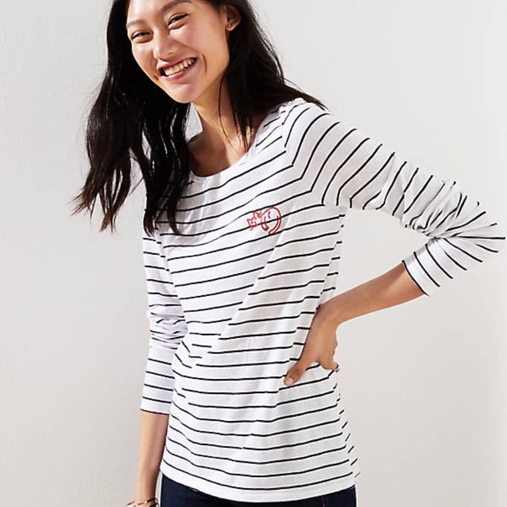 Loft White Cat Embroidered Striped Tee